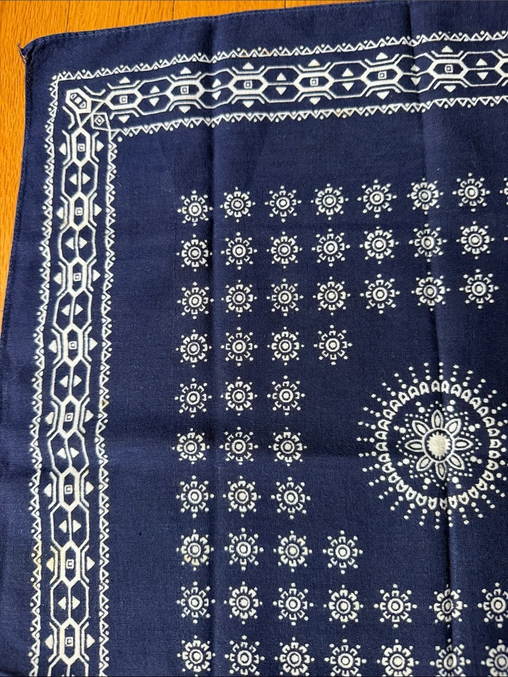 Vintage Elephant Brand Fast Color Navy Blue Bandana 100% Cotton Geometric Flower